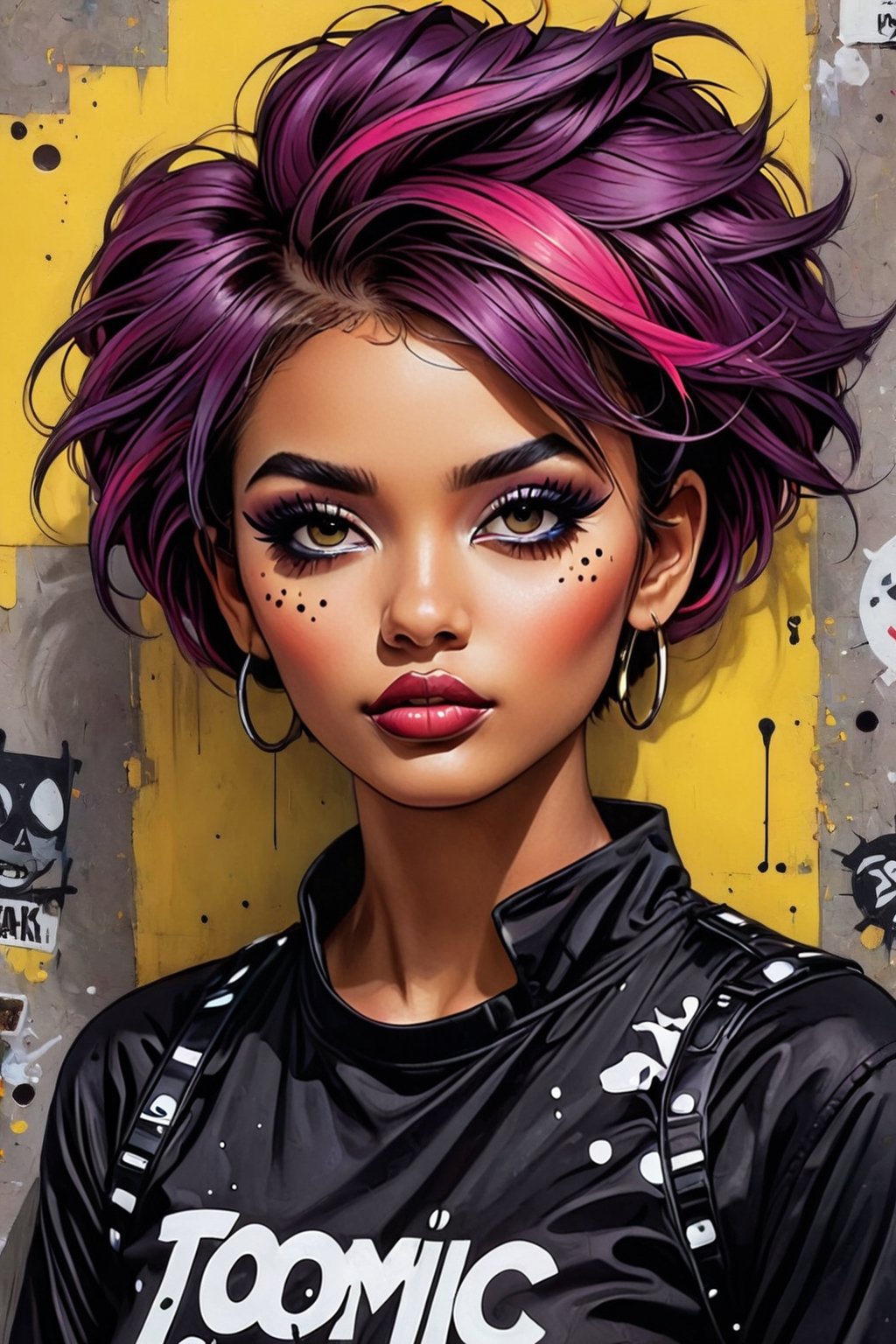 tomboy girl, punk attitude, toxic palette, messy hairstyle, merge vibrant of pop art style and gloominess of gothic style, intricate detail, dark comedy embience,TechStreetwear,Vitiligo,NIJI STYLE,K-Eyes,comic book