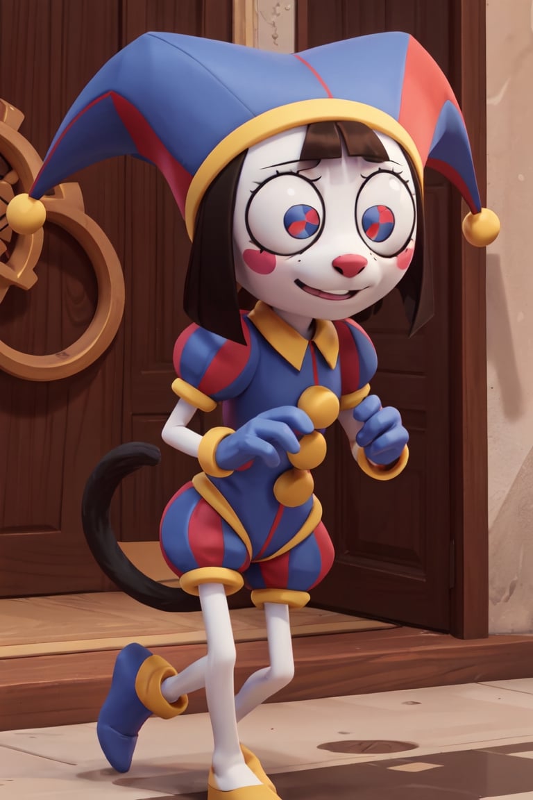 pomni, multicolored clothes, jester cap, puffy short sleeves, gloves, buttons, colored skin, symbol-shaped pupils, red eyes, blue eyes1girl, dark short hair, 1girl, solo, master piece, perfect body, a cat tail on her, perfect face, perfec nose, 1girl, perfect anatomy, front body view, front face view, one tail, female_solo, front body view, looking_at_camera, looking-at-viewer, pov_eye_contact , masterpiece, best quality, upper_body, pink cheetah tail, girl with_tail, boscha with tail, boscha_with_a_tail, girl_with_tail, front view, cat_tail_in_her, perfect tail anatomy, defined tail, perfect cat tail, tail in body, slim tail, conected tail to body, perfect tail anatomy, correct nose, 5fingers, 1 cat tail, one cat tail, 1tail, cartoon, perfect face, kemono, perfect mouth, 5 fingers, perfect hands, perfect tail, tail in perfect position,cartoon, perfect eyes, Pomni, furry, furry verssion, furry girl, cat face, cat nose, ,Pomni, black cat nose,