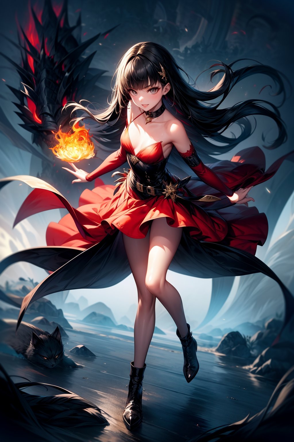 one adult girl alone, black hair, medium chest, straight bangs, gray eyes, gray eye, long hair, korean eyes, korean anime girl, medium chest, full lips, small lips, big korean eyes, gray eyes, black hair, completely black hair, black-hair, long hair, long_hair
((Full body)) little chest.
expression of security and liveliness, insightful, mischievous smile, fixed gaze.
 GREY EYES. chocker, dress.
feminine and wild clothing from a magical world.
cat, magic cat,. detached sleeves,FuturEvoLabFlame, fire, fire in the girl's hair.
small chest, small breasts, v-neck
The woman emerged from the mist wrapped in a long, flowing red silk gown, with intricate embroidery that seemed like dancing flames on the fabric. The fitted bodice featured a flame-shaped neckline that seemed to consume her skin, while the flowing skirt fell in soft folds like flames that vanished into the darkness. A black leather belt with a dragon-shaped buckle completed the look with a touch of power and magic.