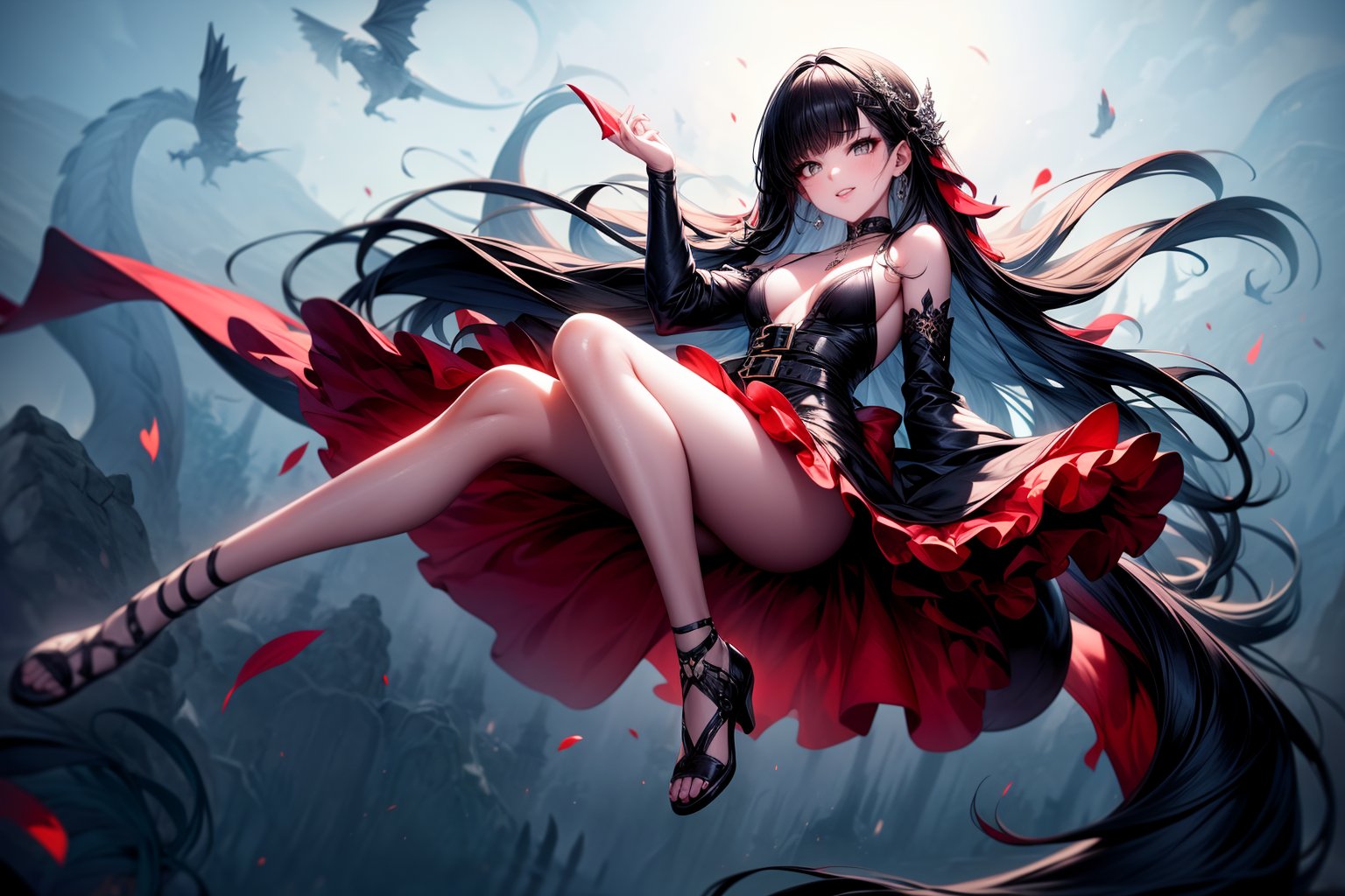 one adult girl alone, black hair, medium chest, straight bangs, gray eyes, gray eye, long hair, korean eyes, korean anime girl, medium chest, full lips, small lips, big korean eyes, gray eyes, black hair, completely black hair, black-hair, long hair, long_hair
((Full body)) little chest.
expression of security and liveliness, insightful, mischievous smile, fixed gaze.
 GREY EYES. chocker, dress.
feminine and wild clothing from a magical world.
cat, magic cat,. detached sleeves,FuturEvoLabFlame, fire, fire in the girl's hair.
small chest, small breasts, v-neck
The woman emerged from the mist wrapped in a long, flowing red silk gown, with intricate embroidery that seemed like dancing flames on the fabric. The fitted bodice featured a flame-shaped neckline that seemed to consume her skin, while the flowing skirt fell in soft folds like flames that vanished into the darkness. A black leather belt with a dragon-shaped buckle completed the look with a touch of power and magic.