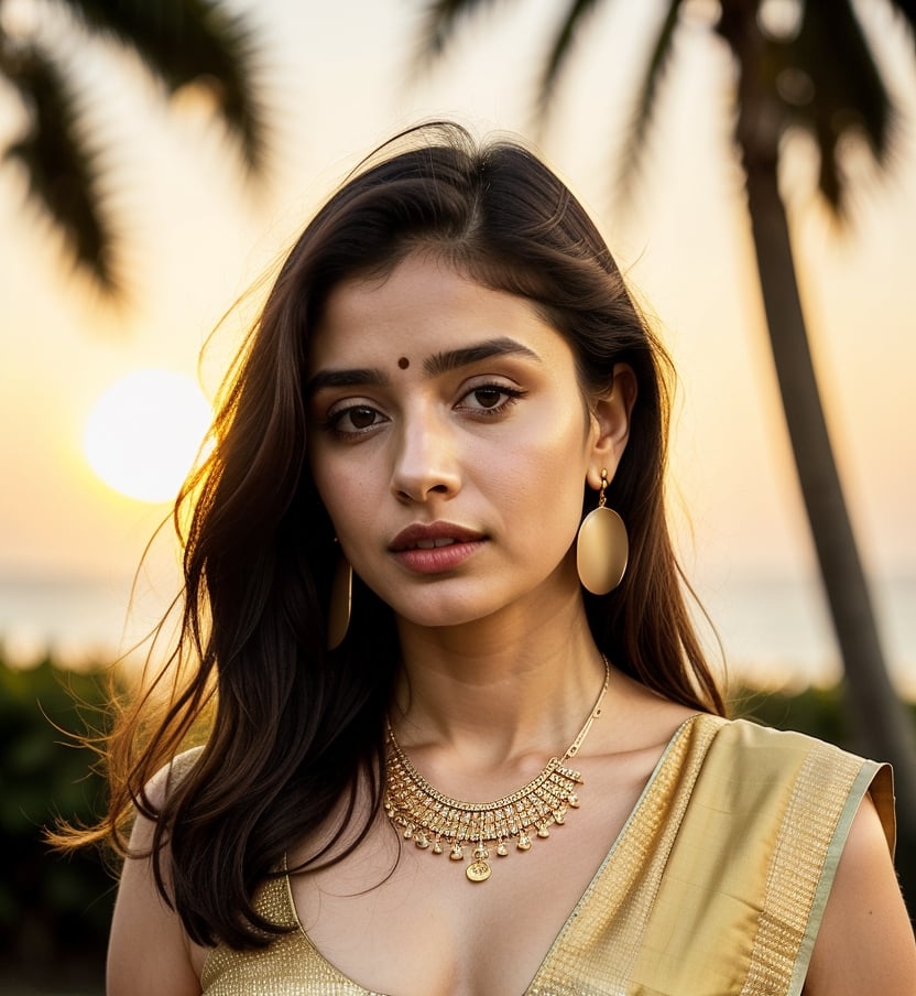 Lovely cute hot Alia Bhatt, acute an Instagram model 22 years old, full-length, long blonde_hair, black hair, wearing a Indian saree and south Indian look, blurry background, depth of field, earrings, jewelry, lips, long hair, necklace, ring, solo, sunlight, sunset, (((golden hours))), palm tree, upper body, bokeh , photo_background, photorealistic, solo, wearing a nose ring,