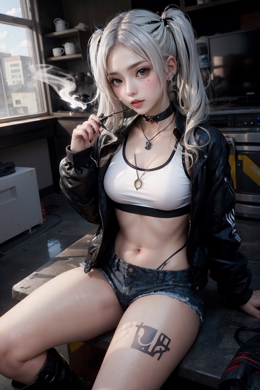 Highly detailed, High Quality, Masterpiece, beatiful, sexy girl, girl with black and white hair with 2 pigtails on the sides wearing a crop top with a jacket and mini shorts, tattoos around her body, pendants, a black choker, boots, black and white eyes, black smoke around, Half Color