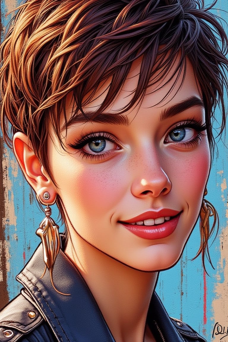 A street art style digital illustration of a macro close-up portrait of a beautiful woman with blue eyes, adorable with a nice smile, and pixie cut hair. The woman's features are vibrant and expressive, with bold lines and dynamic colors typical of street art. The composition captures her charming smile and striking blue eyes, creating a lively and engaging image.