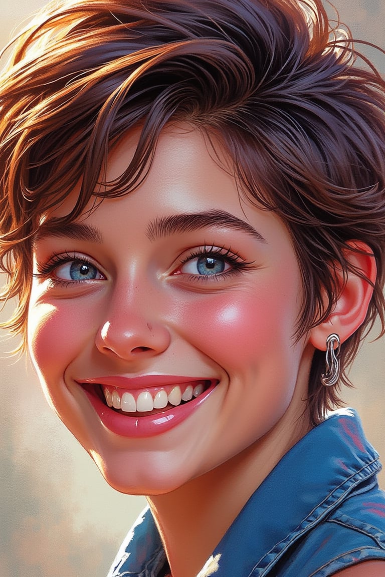 A street art style digital illustration of a macro close-up portrait of a beautiful woman with blue eyes, adorable with a nice smile, and pixie cut hair. The woman's features are vibrant and expressive, with bold lines and dynamic colors typical of street art. The composition captures her charming smile and striking blue eyes, creating a lively and engaging image.