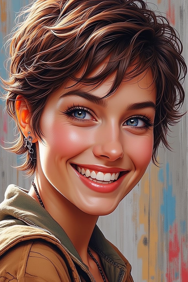 A street art style digital illustration of a macro close-up portrait of a beautiful woman with blue eyes, adorable with a nice smile, and pixie cut hair. The woman's features are vibrant and expressive, with bold lines and dynamic colors typical of street art. The composition captures her charming smile and striking blue eyes, creating a lively and engaging image.