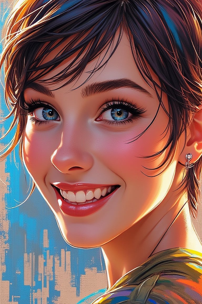 A street art style digital illustration of a macro close-up portrait of a beautiful woman with blue eyes, adorable with a nice smile, and pixie cut hair. The woman's features are vibrant and expressive, with bold lines and dynamic colors typical of street art. The composition captures her charming smile and striking blue eyes, creating a lively and engaging image.