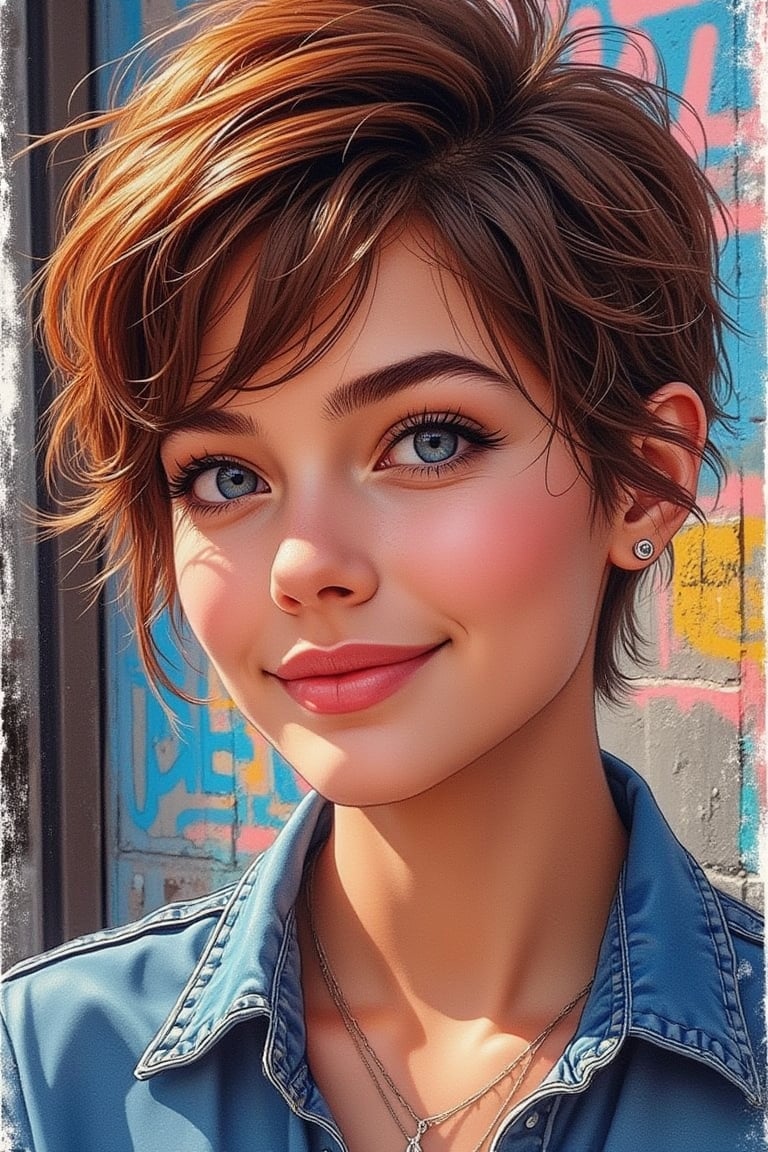 A street art style digital illustration of a macro close-up portrait of a beautiful woman with blue eyes, adorable with a nice smile, and pixie cut hair. The woman's features are vibrant and expressive, with bold lines and dynamic colors typical of street art. The composition captures her charming smile and striking blue eyes, creating a lively and engaging image.