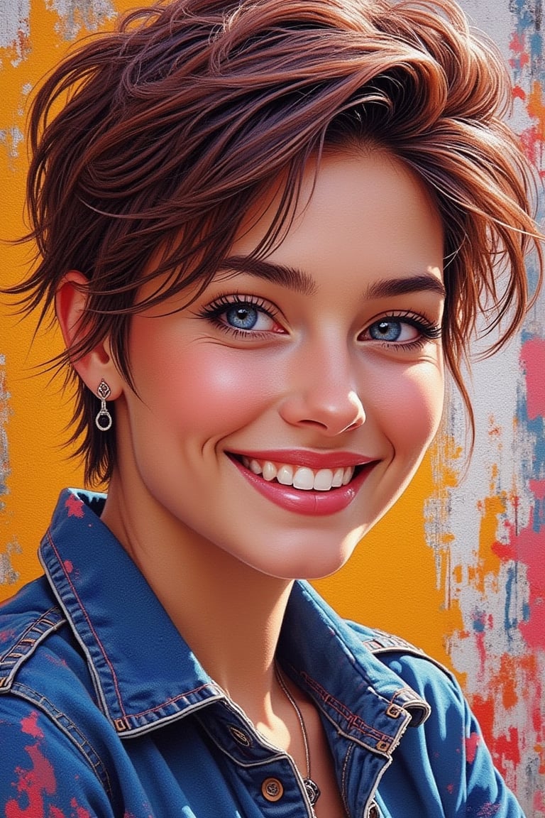 A street art style digital illustration of a macro close-up portrait of a beautiful woman with blue eyes, adorable with a nice smile, and pixie cut hair. The woman's features are vibrant and expressive, with bold lines and dynamic colors typical of street art. The composition captures her charming smile and striking blue eyes, creating a lively and engaging image.