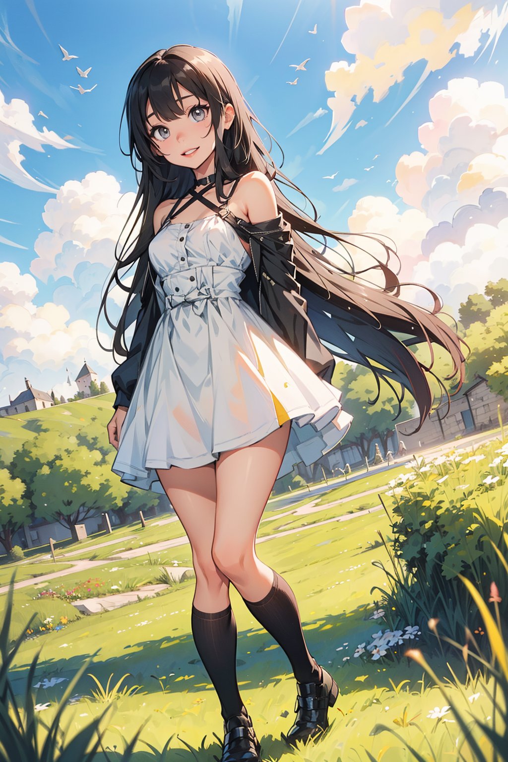 one adult girl alone, black hair, medium chest, straight bangs, gray eyes, gray eye, long hair, korean eyes, korean anime girl, medium chest, full lips, small lips, big korean eyes, gray eyes, black hair, completely black hair, black-hair, long hair, long_hair
((Full body)) little chest.
style anime.
expression of security and liveliness, insightful, mischievous smile, fixed gaze.
 GREY EYES. chocker, dress.
feminine and wild clothing from a magical world.
flowers, grass, possible variety of different landscapes. castle.
sexy angle of the camera shot. 
blue, red, yellow, wind, epic, colorfull clothes,