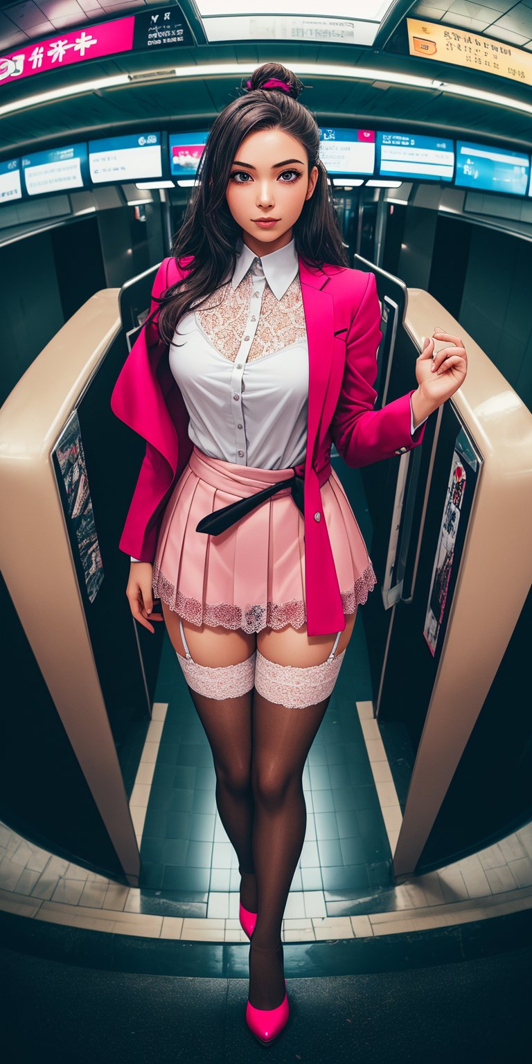 (((solo))), (((1 girl))), beautiful, masterpiece, best quality, extremely detailed face, perfect lighting, A mysterious woman, (((perfect anatomy))), (((right anatomy))), (((correct anatomy))), (((correct ratio)))
white lace blouse, hot pink fit suit jacket, pink short skirts, blue eyes, waist long hair, hair bun, see through stockings, rogue high heels
from above, PERFECT HANDS, subway station, msw, fisheye lens