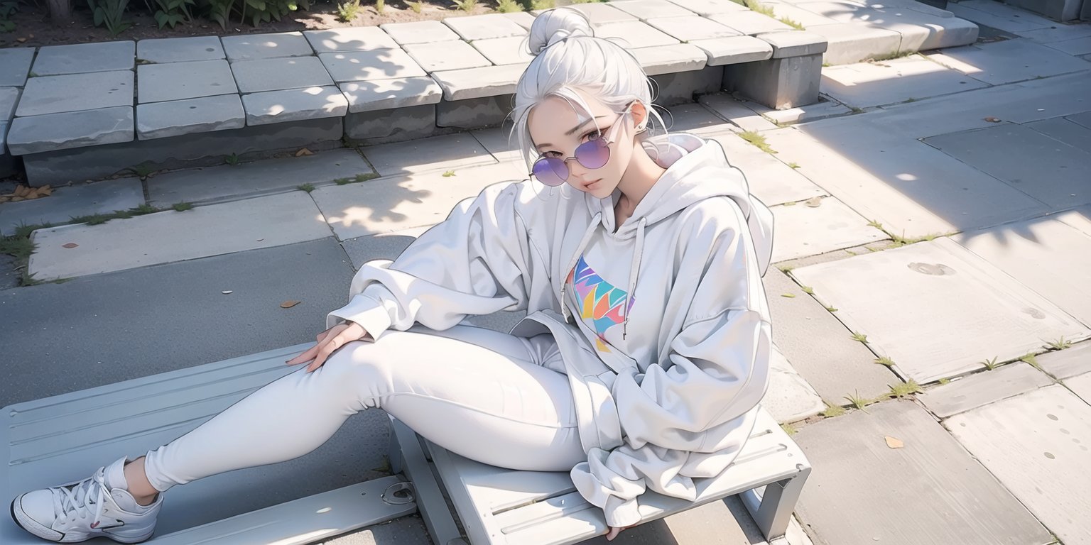 1 girl, lady, bright color, (graphic_oversize_hoodie:1.5),  (white_leggings:1.5), converse sneakers, rainbow sun glasses, fine purse, high end decorations, full body, hair bun, central park, sit on park bench, (low_angle:1.5), (under view shot:1.5),