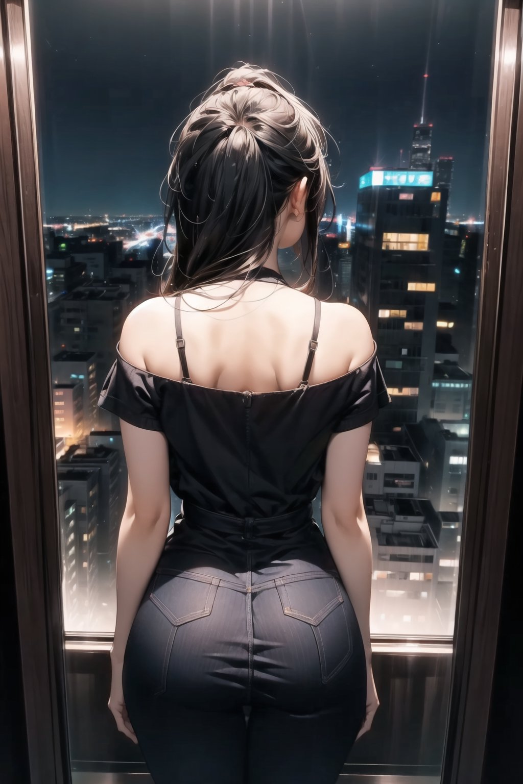 floor-to-ceiling mirror, reflection image in mirror, clear reflection image, high level building, dark night, night city view, 1 woman, solo, (((staring at city)), (over shoulder shot), (back shot), (close up), ((focus on window)), yofukashi background