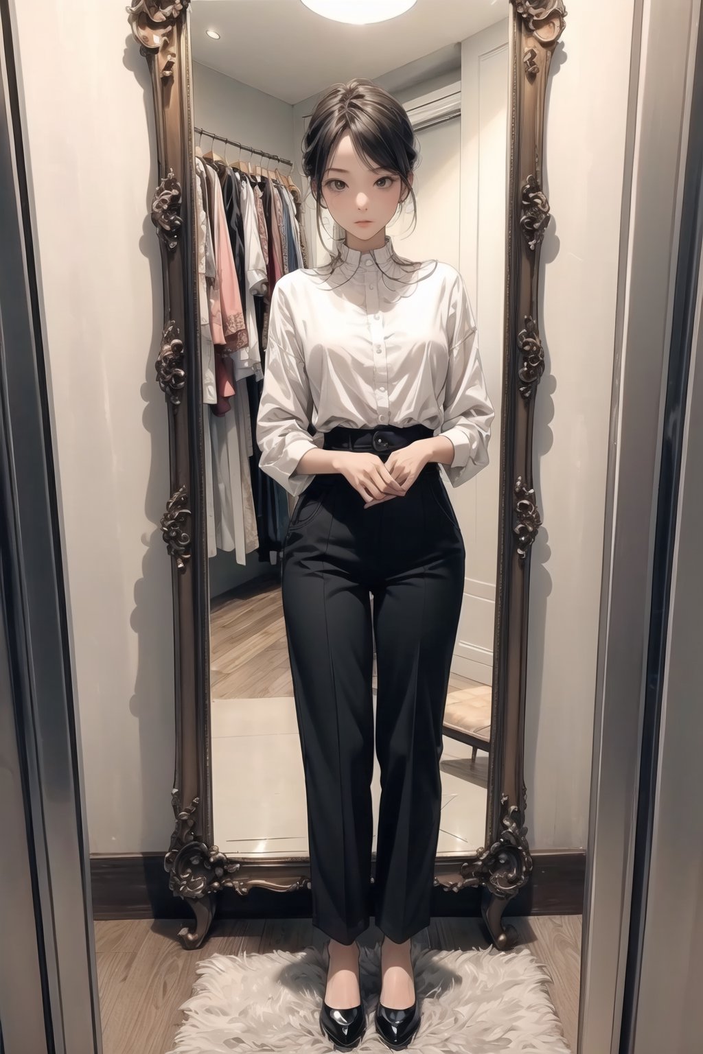 mirror, reflection image in mirror, clear reflection image, fitting room, 1 woman, solo, standing front mirror,