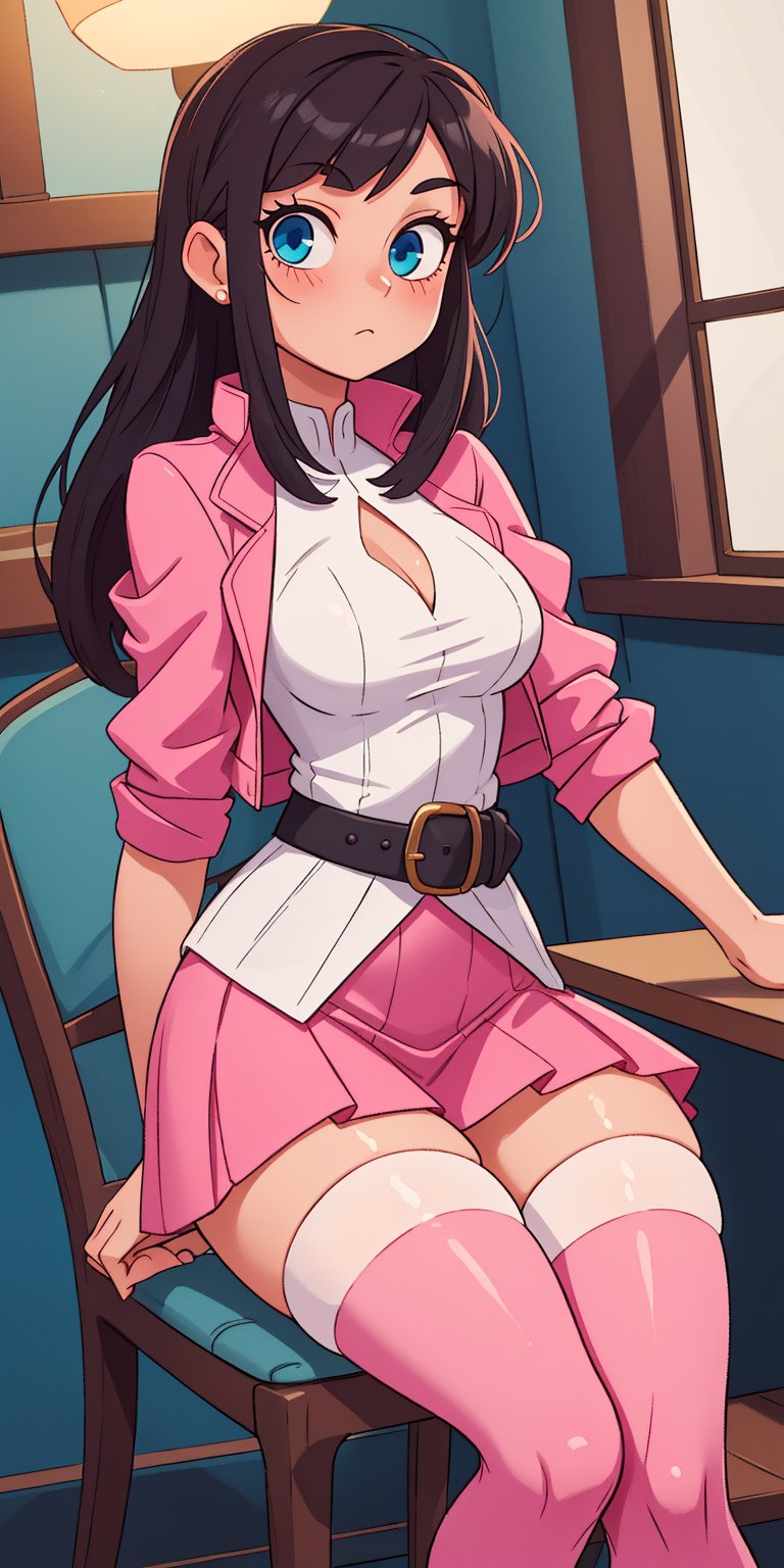 (((solo))), (((1 girl))), beautiful, masterpiece, best quality, extremely detailed face, perfect lighting, A mysterious woman, (((perfect anatomy))), (((right anatomy))), (((correct anatomy)))
white lace blouse, hot pink fit suit jacket, pink short skirts, blue eyes, waist long hair, hime cut hairstyle, see through stockings, sit on chair, cross legs, rogue high heels
street cafe, from bottom, PERFECT HANDS