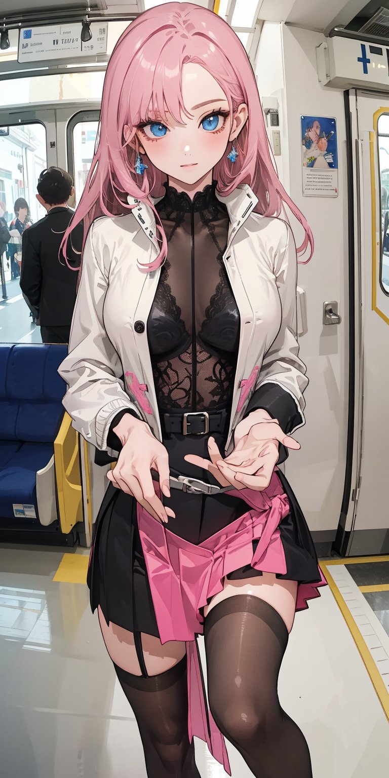 (((solo))), (((1 girl))), beautiful, masterpiece, best quality, extremely detailed face, perfect lighting, A mysterious woman, wink, close up
(((perfect anatomy))), (((right anatomy))), (((correct anatomy))), (((correct ratio)))
white lace blouse, hot pink fit suit jacket, pink short skirts, blue eyes, waist long hair, hime cut hairstyle, see through stockings, rogue high heels
PERFECT HANDS, train interior, fisheye lens