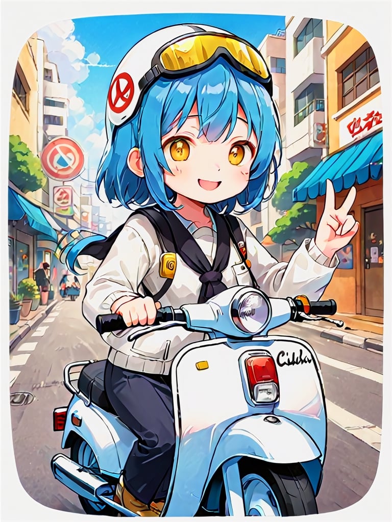 masterpiece, best quality, high Resolution, chibi style, full shot
1girl, expressive outfits, blue hair, long hair, yellow eyes, tilt head, smiling, wink eye
rider, riding honda super cub c50, super cub c50, wear half helmet, wear goggles, right hand on handle bar, ((left hand peace sign))
street, city, morning, hair flying, cute bag on shoulder, stikers on super cub c50, stikers on helmet, ani_booster, kuchiki rukia, looking_at_viewer