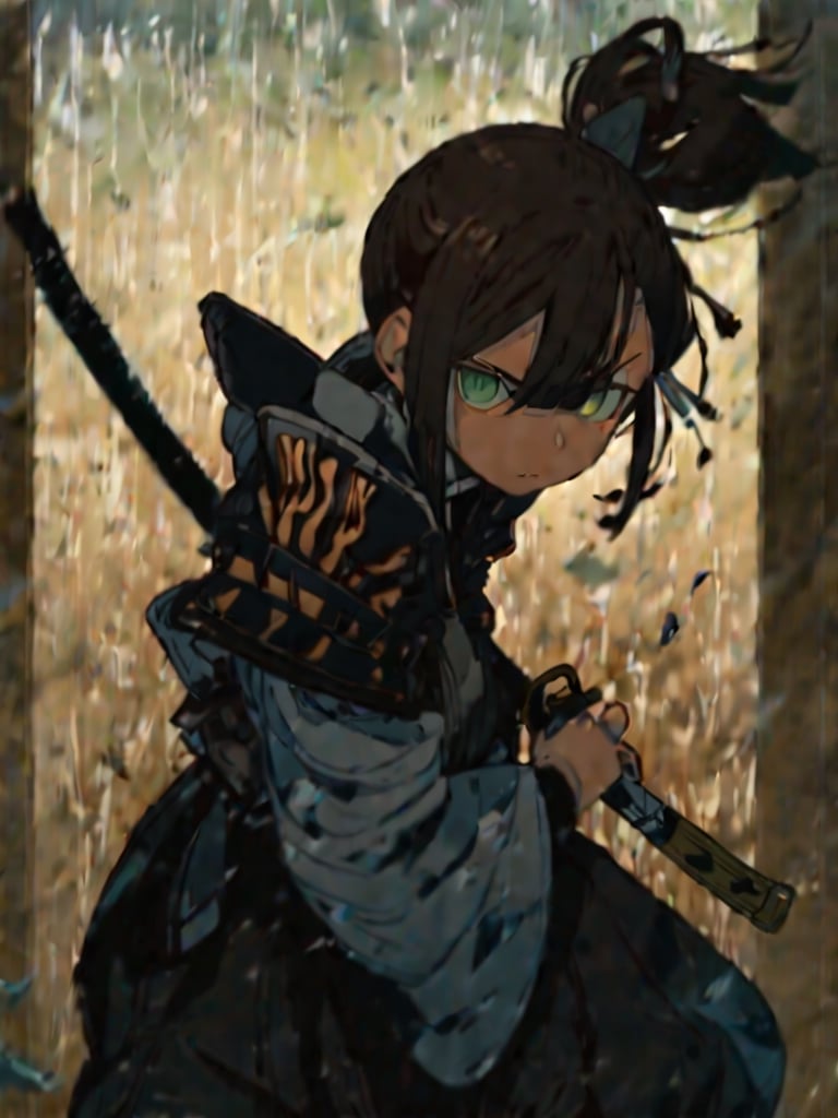 masterpiece, best quality, high Resolution, chibi style
1girl, yellow japanese armour, japanese sworld, katana, Jūmonji yari , [brown hair/green hari], green eyes, serious
iaidow, Right hand holding katana, left hand on hip, from right
field, morning, windy, hair flying, cute knight, warrior, Ukiyo-e