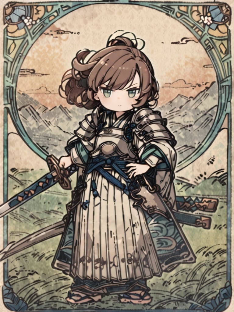 masterpiece, best quality, (art nouveau 1.5)
1girl, chibi characters, yellow japanese armour, japanese sworld, katana, [brown hair/green hari], green eyes, serious
Right hand holding a katana, left hand on hip, shoulder-width standing, 
field, morning, windy, hair flying, cute knight, warrior,Ukiyo-e