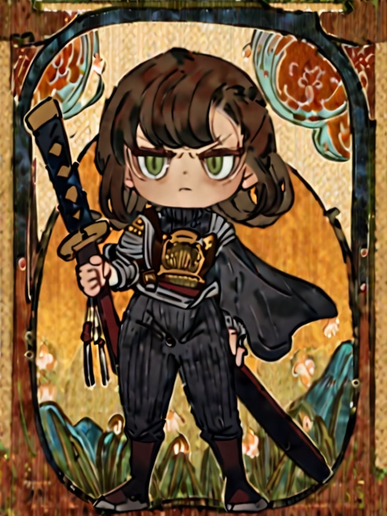 masterpiece, best quality, (art nouveau 1.5)
1girl, chibi characters, yellow japanese armour, japanese sworld, katana, [brown hair/green hari], green eyes, serious
Right hand holding a katana, left hand on hip, shoulder-width standing, a flag on the back
field, morning, windy, hair flying, cute knight, warrior,virgin destroyer sweater