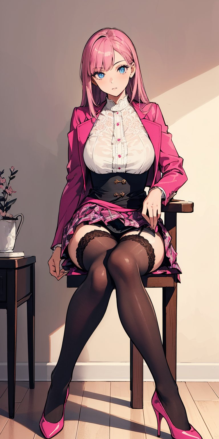 (((solo))), (((1 girl))), beautiful, masterpiece, best quality, extremely detailed face, perfect lighting, A mysterious woman, (((perfect anatomy))), (((right anatomy))), (((correct anatomy)))
white lace blouse, hot pink fit suit jacket, pink short skirts, blue eyes, waist long hair, hime cut hairstyle, see through stockings, sit on chair, cross legs, rogue high heels
lobby, from bottom