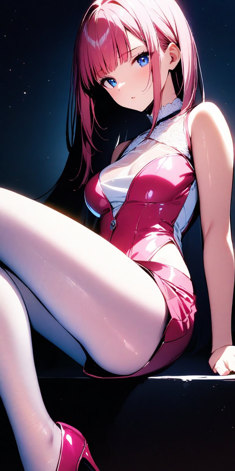 (((solo))), (((1 girl))), beautiful, masterpiece, best quality, extremely detailed face, perfect lighting, A mysterious woman, (((perfect anatomy))), (((right anatomy))), (((correct anatomy)))
white lace blouse, hot pink fit suit jacket, pink short skirts, blue eyes, long hair, hime cut hairstyle, see through stockings, high heels, sitting_on