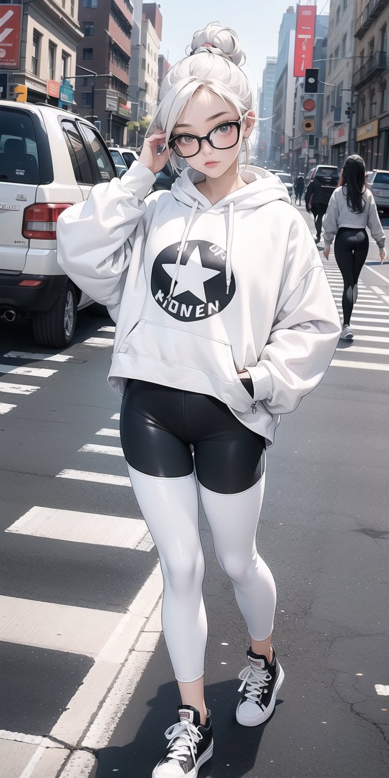 1 girl, lady, bright color, (graphic_oversize_hoodie:1.1),  (ultra_short_leggings:1.5), (white:1.3), converse sneakers, sexy glasses, one fine purse, high end decorations, full body, hair bun, walking on crossing, NYC crossing, road curb, trific light,