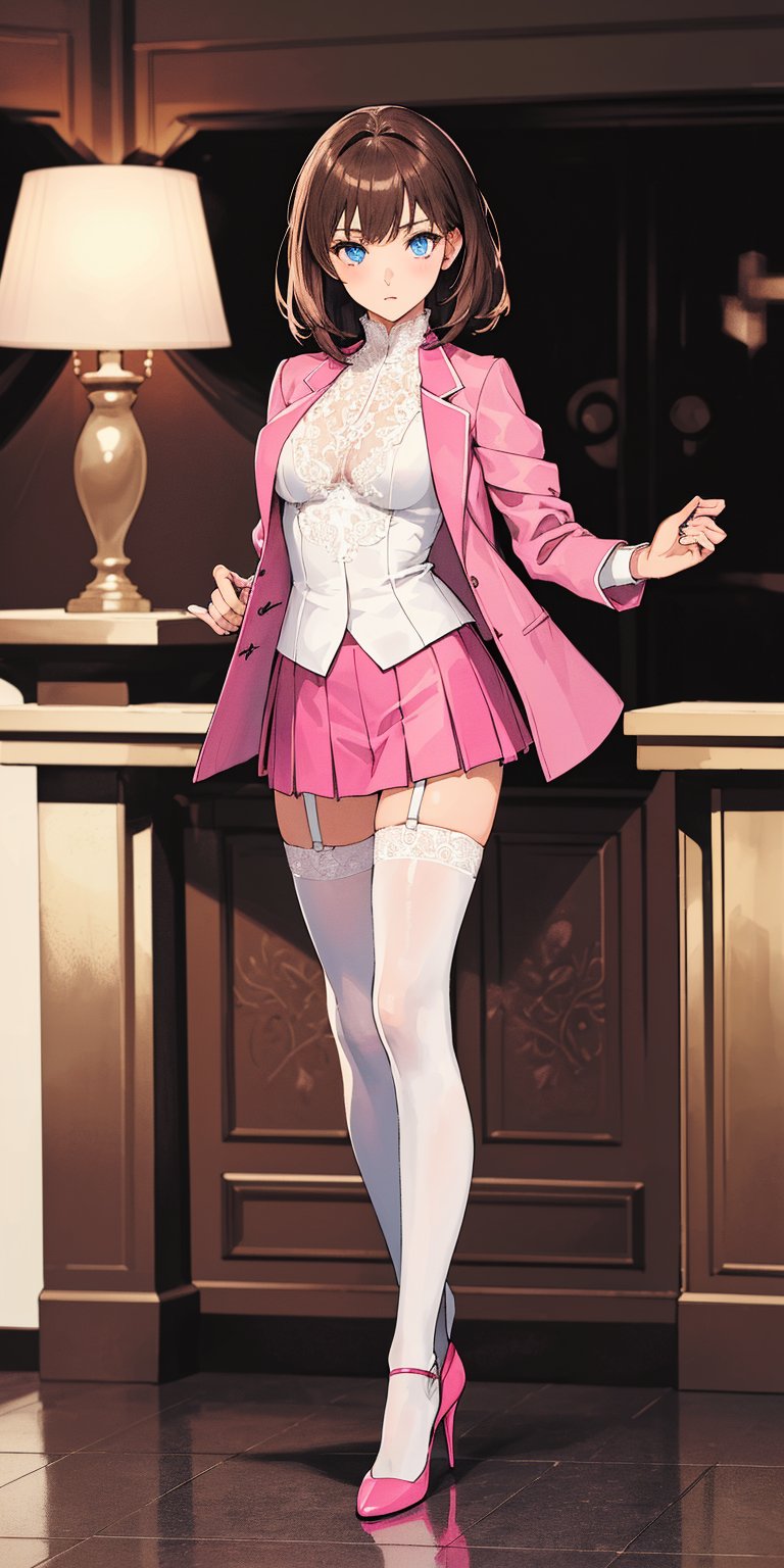 (((solo))), (((1 girl))), beautiful, masterpiece, best quality, extremely detailed face, perfect lighting, A mysterious woman, (((perfect anatomy))), (((right anatomy))), (((correct anatomy)))
white lace blouse, hot pink fit suit jacket, pink short skirts, blue eyes, brown long hair, hime cut hairstyle, see through stockings, high heels
lobby of hotel, full body