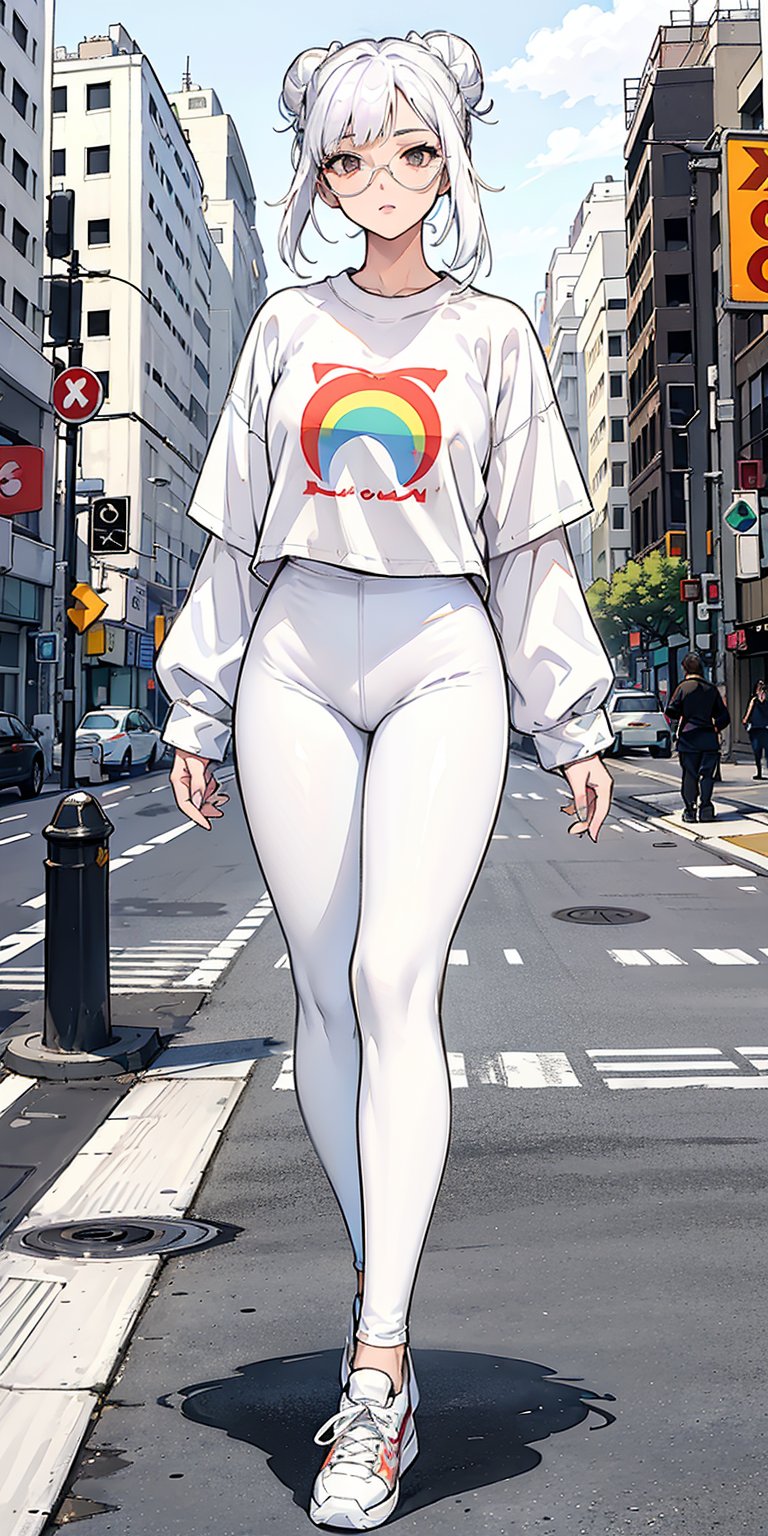 1 girl, lady, bright color, over size long shirt, (graphic_oversize_tshirt:1.2),  (white_leggings:1.5), converse sneakers, rainbow sun glasses, full body, hair bun, walking on crossing, NYC street