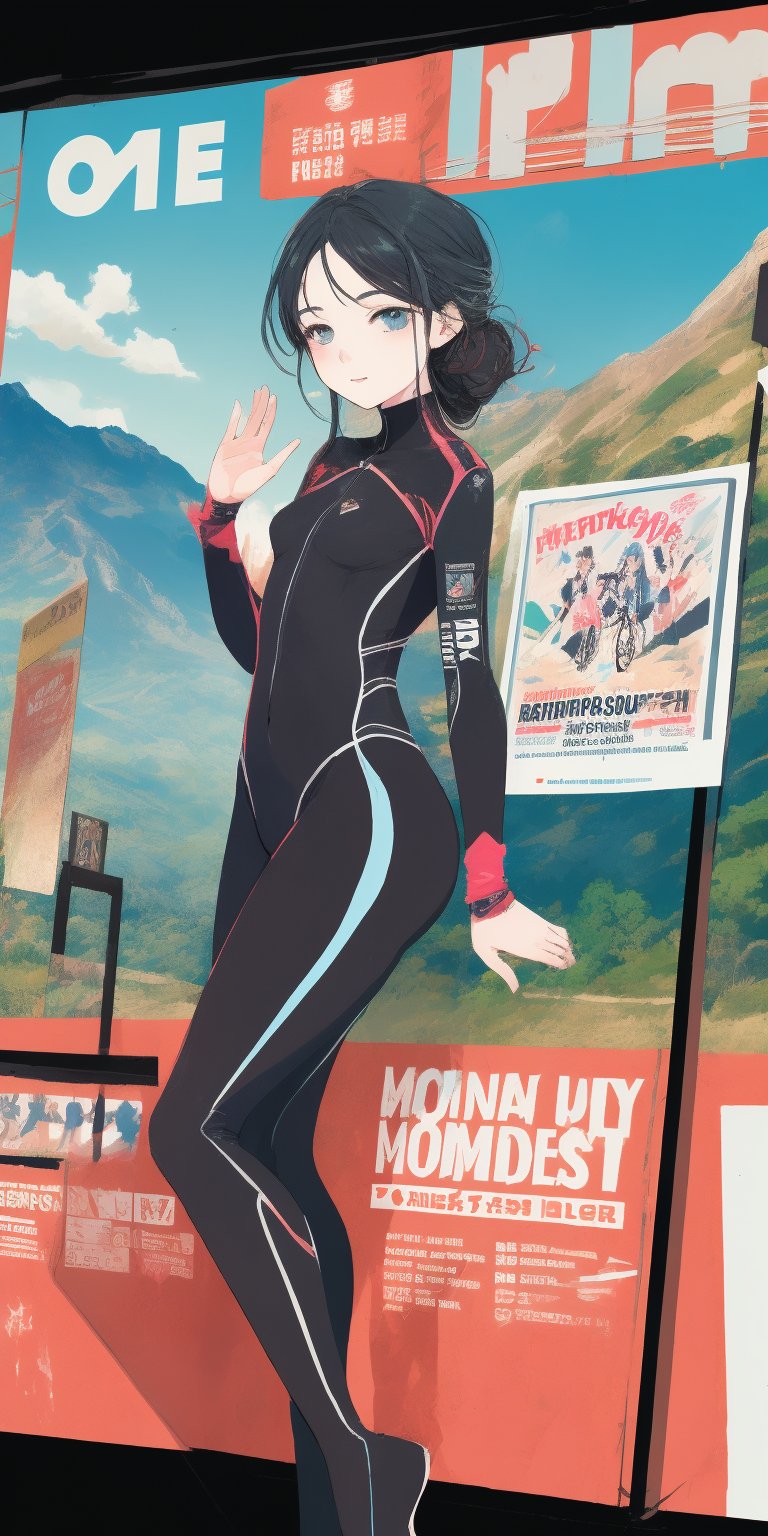 a chest up advertising poster of a beautiful student model in morden road bicycle suit, long black hair with blue streak hair, chignon, lively pose, mountainous scenery, a ncg,flat illustration, in only four colors, 