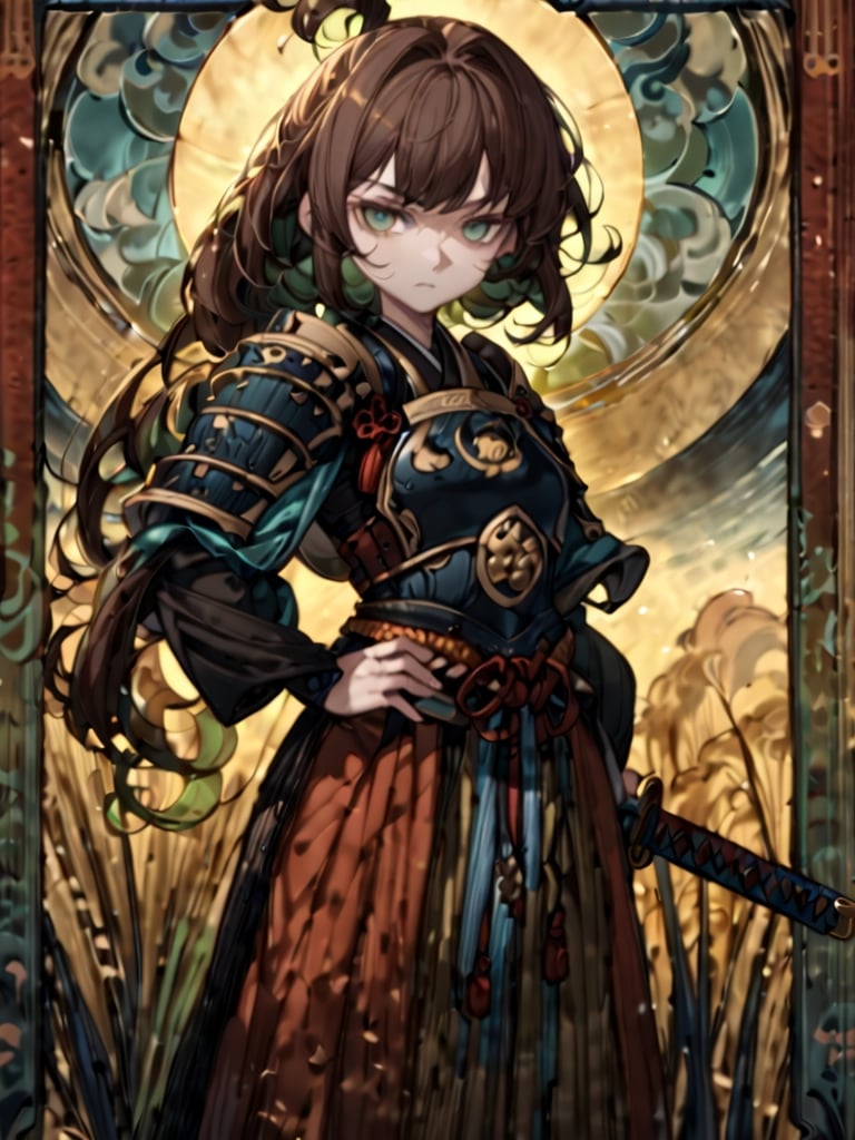 masterpiece, best quality, (art nouveau 1.5)
1girl, chibi characters, yellow japanese armour, japanese sworld, katana, [brown hair/green hari], green eyes, serious
Right hand holding a katana, left hand on hip, shoulder-width standing, 
field, morning, windy, hair flying, cute knight, warrior,