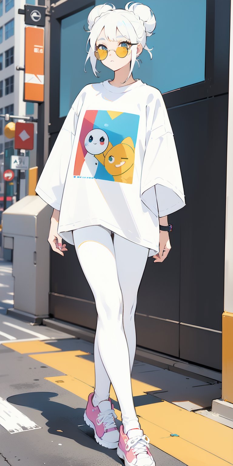 1 girl, lady, bright color, over size long shirt, (graphic_oversize_tshirt:1.2),  (white_leggings:1.5), converse sneakers, rainbow sun glasses, full body, hair bun, walking on crossing, NYC street