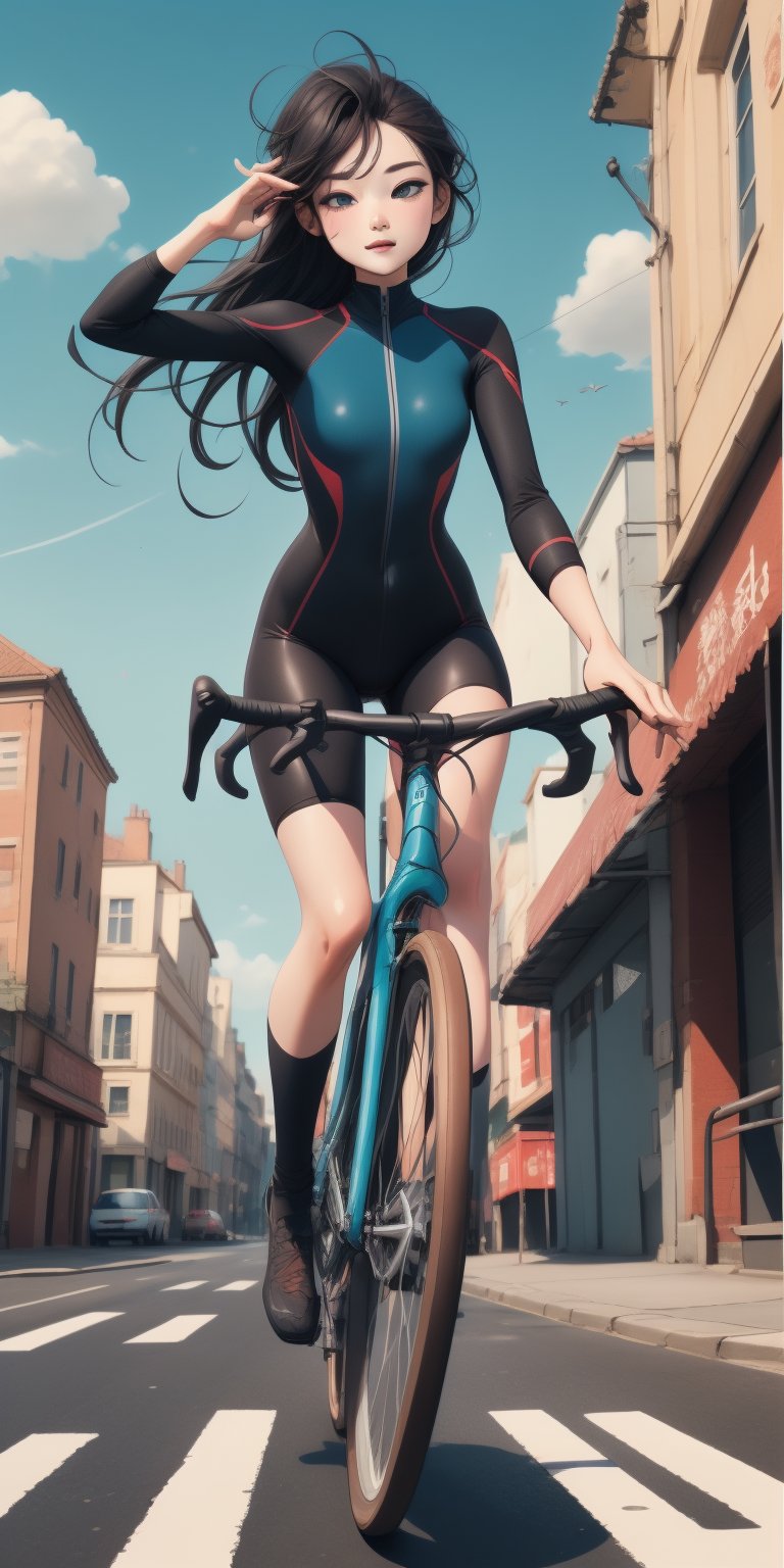 masterpiece, best quality, poster, beautiful model, morden road bicycle, morden bicycle suit, long black hair, blue streak hair, chignon, lively pose, road scenery, flat illustration, only four colors, 