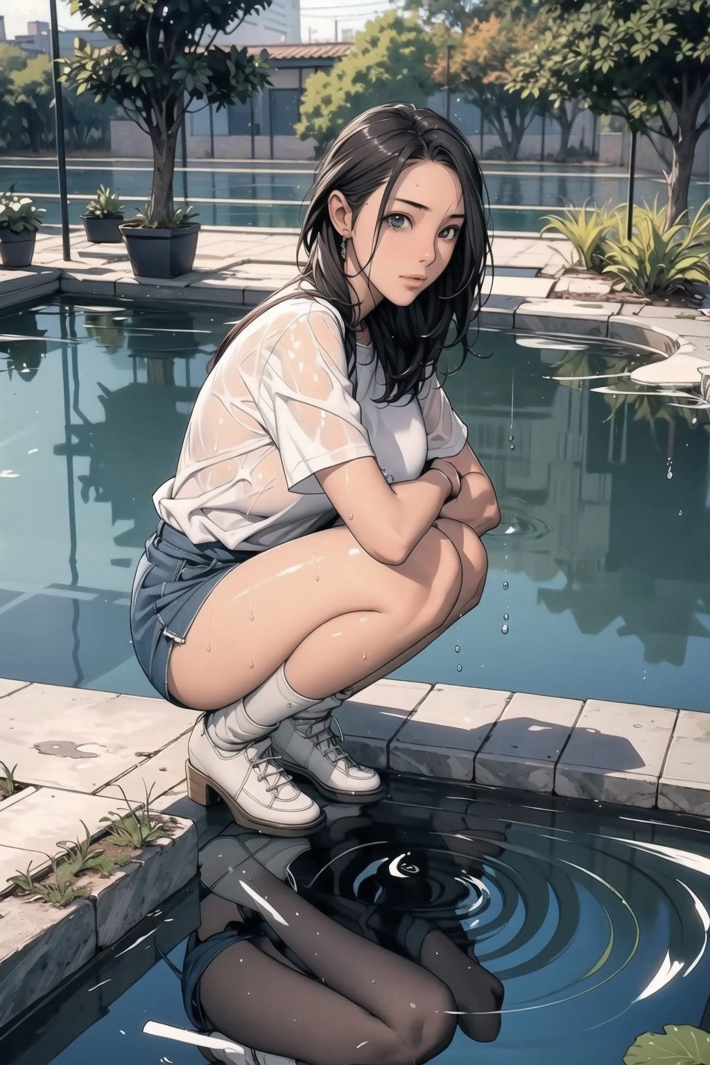 1 girl ,solo, squatting, wet floor, water pond, reflection,looking_at_viewer