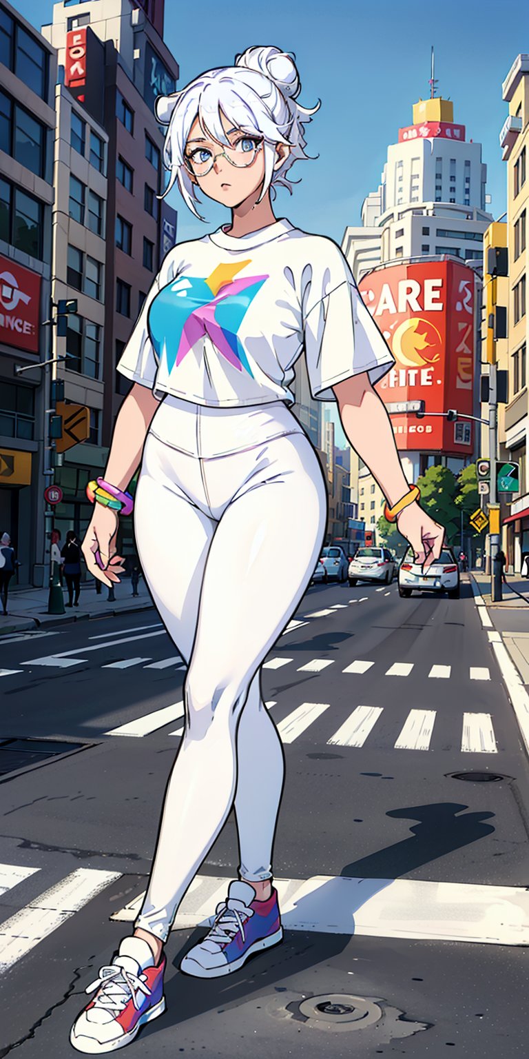 1 girl, lady, bright color, over size long shirt, (graphic_oversize_tshirt:1.2),  (white_leggings:1.5), converse sneakers, rainbow sun glasses, full body, hair bun, walking on crossing, NYC street