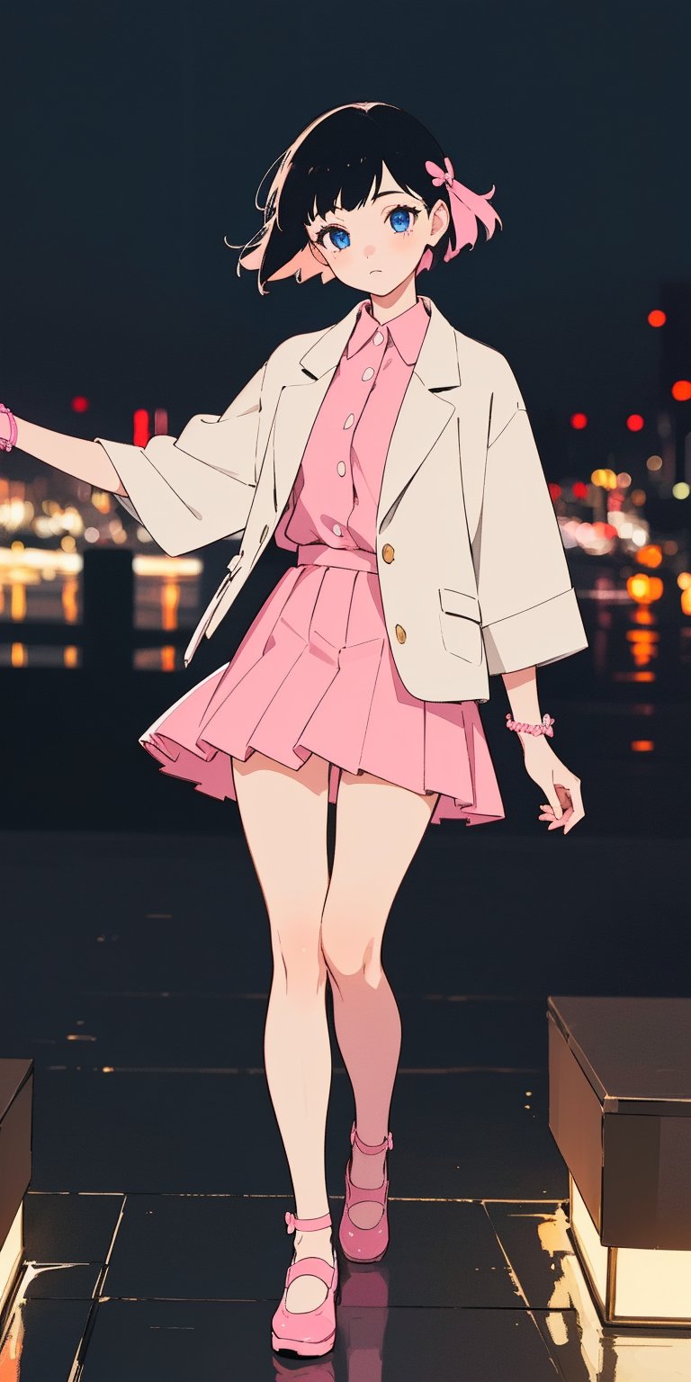 (((solo))), (((1 girl))), beautiful, masterpiece, best quality, extremely detailed face, perfect anatomy, perfect lighting, A mysterious woman, wearing a blouse, wearing pink suit jacket, pink short skirts, blue eyes, hime cut hairstyle, tokyo city night background, blur background, midnight, full body, looking at city