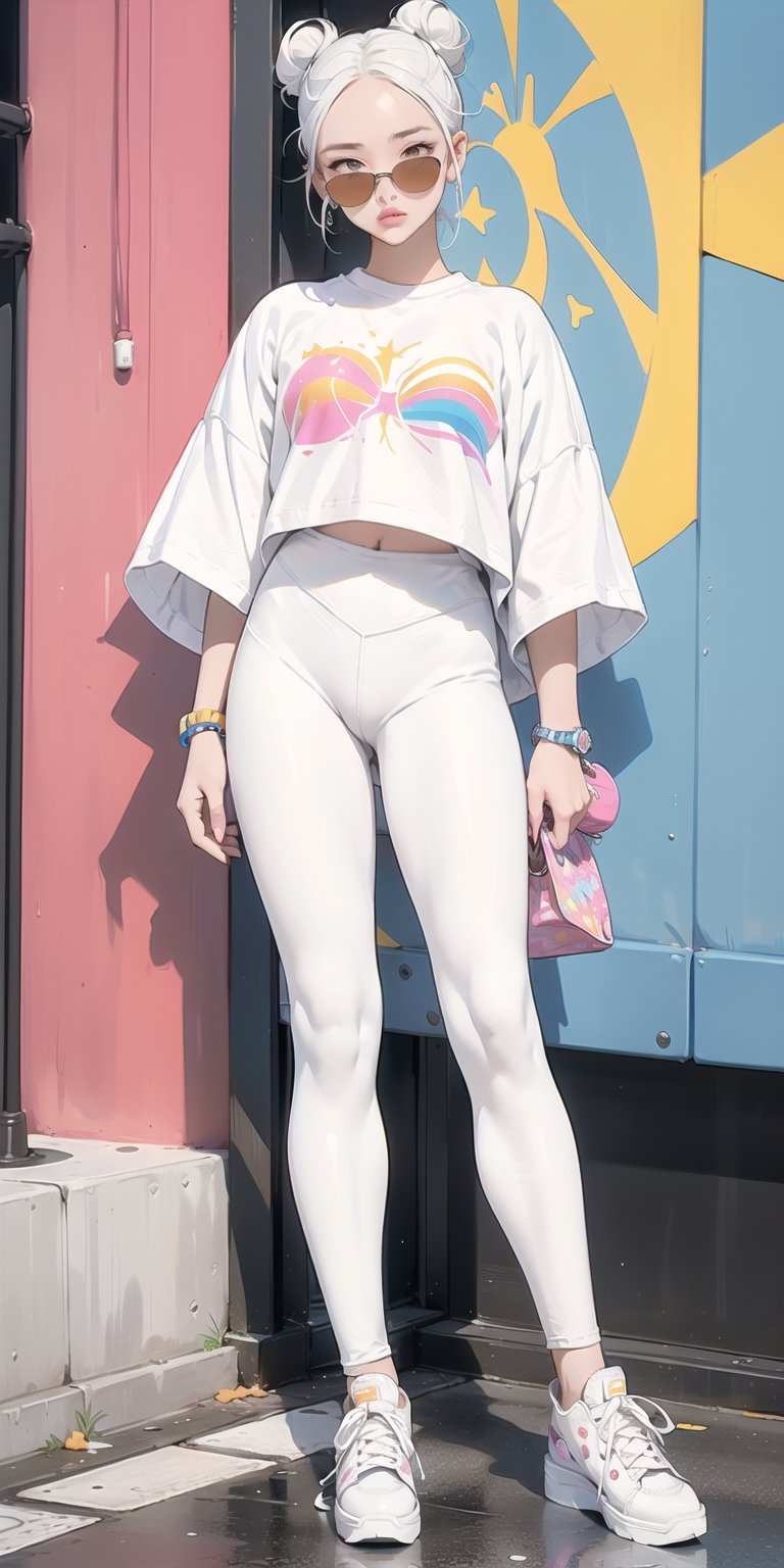 1 girl, lady, bright color, (graphic_oversize_shirt:1.5),  (white_leggings:1.5), converse sneakers, rainbow sun glasses, fine purse, high end decorations, full body, hair bun, NYC street, road curb,