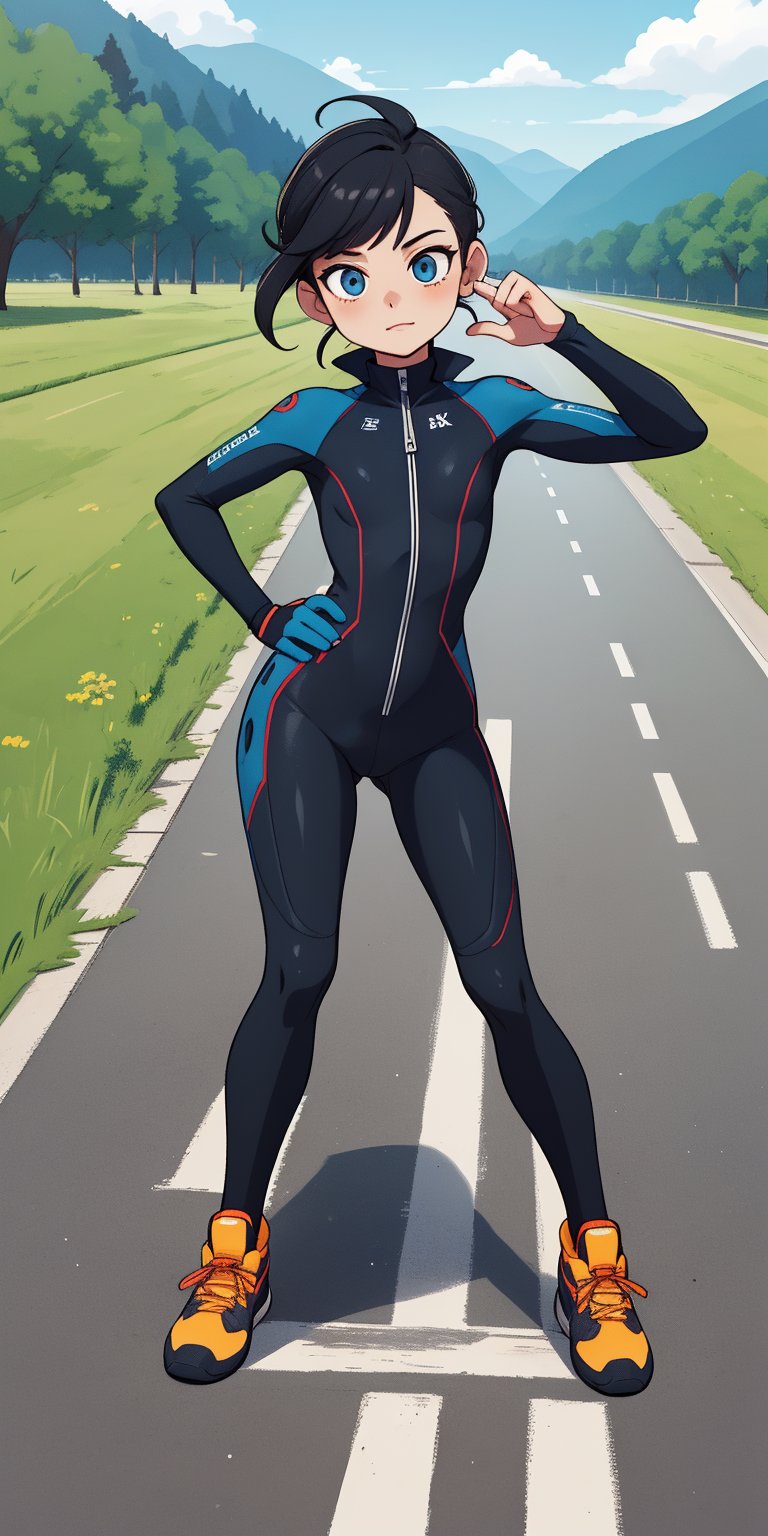 masterpiece, best quality, advertising poster, beautiful model, nice body, morden road bicycle, morden bicycle suit, open suit zip, long black hair, blue streak hair, hair chignon, lively pose, road scenery, flat illustration, only four colors, 