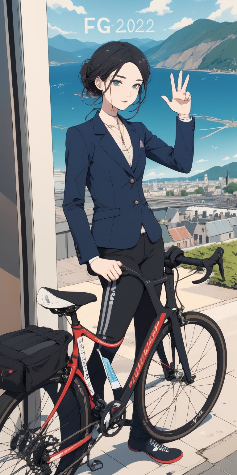 a chest up advertising poster of a beautiful student model in morden road bicycle suit, long black hair with blue streak hair, chignon, lively pose, beautiful bold typograhy of text: 'Like a NCG', mountainous scenery, a ncg,flat illustration, in only four colors, PARIS 2024, olympic games