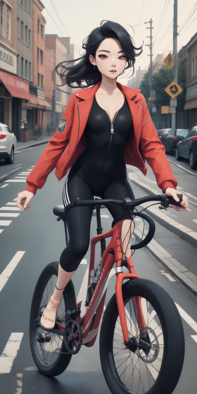 masterpiece, best quality, advertising poster, beautiful model, nice body, morden road bicycle, morden bicycle suit, open suit zip, long black hair, blue streak hair, hair chignon, lively pose, road scenery, flat illustration, only four colors, 