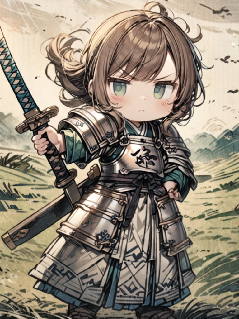 masterpiece, best quality, high Resolution, chibi style
1girl, yellow japanese armour, japanese sworld, katana, [brown hair/green hari], green eyes, serious
Right hand holding a katana, left hand on hip, shoulder-width standing, 
field, morning, windy, hair flying, cute knight, warrior,Ukiyo-e