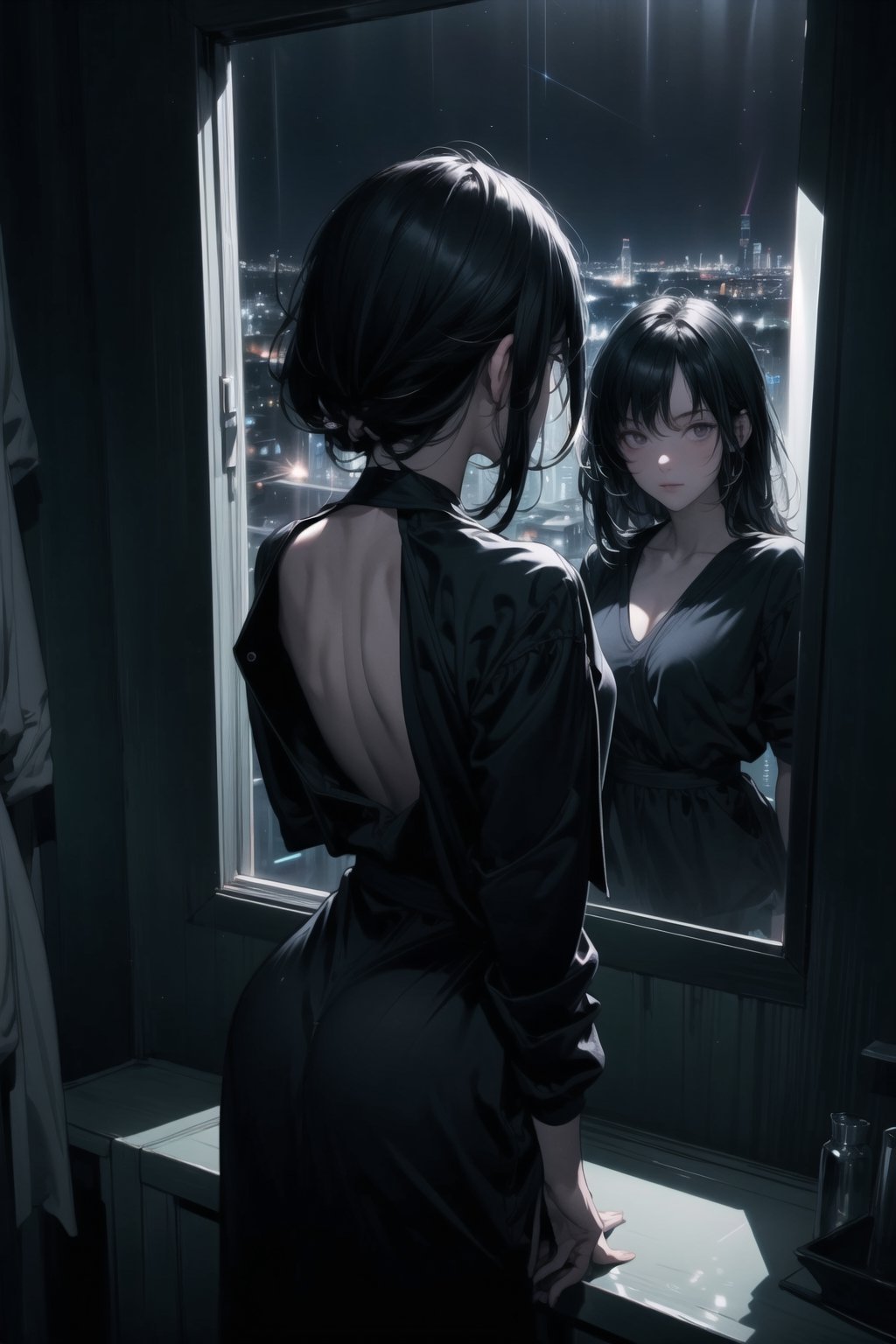 floor-to-ceiling window, reflection image in window, clear reflection image, high level building, (((dark night))), (night city view), 1 woman, solo, (((staring at city)), (((over shoulder shot 1.5))), (back shot), (chest shot 1.5), ((focus on window)), yofukashi background,mirror