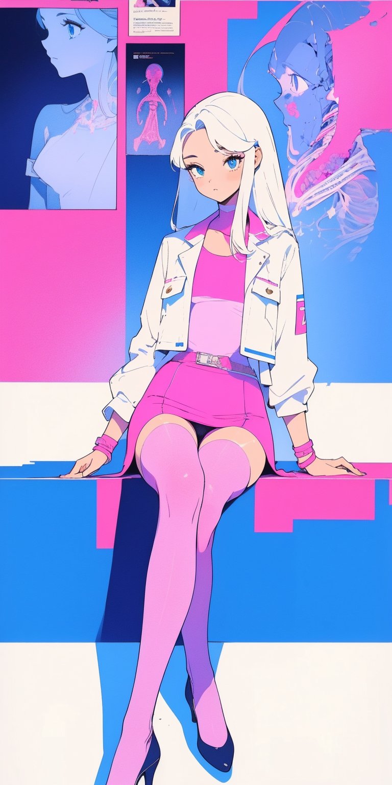 (((solo))), (((1 girl))), beautiful, masterpiece, best quality, extremely detailed face, perfect anatomy, perfect lighting, A mysterious woman, (((perfect anatomy)))
white blouse, hot pink fit suit jacket, pink fit long skirts, blue eyes, long hair, hime cut hairstyle, see through stockings, high heels, sitting, retro newspaper wall