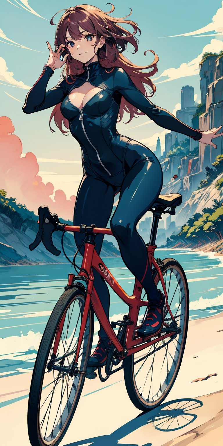 masterpiece, best quality, (((corect ratio))), chest up, poster, beautiful woman, breasty, morden road bicycle, morden road bicycle suit, long blue hair, pink streak hair, smile, very lively pose, mountainous scenery, flat illustration, in only two colors