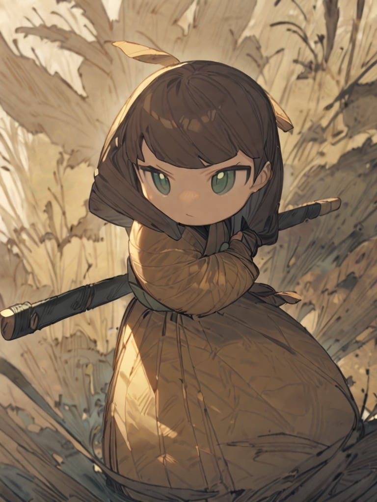 masterpiece, best quality, high Resolution, chibi style
1girl, yellow japanese armour, japanese sworld, katana, Jūmonji yari , [brown hair/green hari], green eyes, serious
iaidow, Right hand holding katana, left hand on hip, from right
field, morning, windy, hair flying, cute knight, warrior,