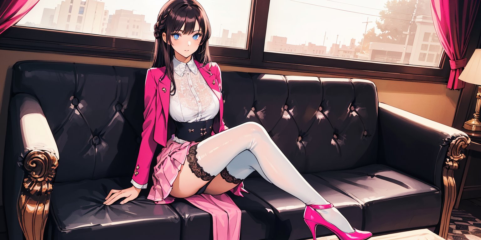 (((solo))), (((1 girl))), beautiful, masterpiece, best quality, extremely detailed face, perfect lighting, A mysterious woman, (((perfect anatomy))), (((right anatomy))), (((correct anatomy)))
white lace blouse, hot pink fit suit jacket, pink short skirts, blue eyes, waist long hair, hime cut hairstyle, see through stockings, sit on coach, cross legs, high heels
lobby of hotel, suit cases, 