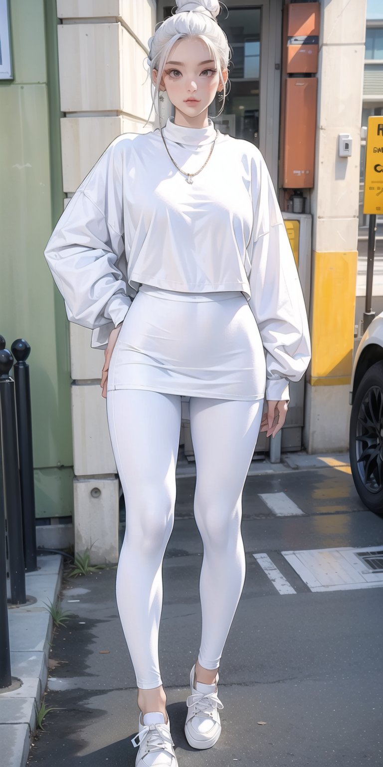 1 girl, lady, bright color, over size long shirt, (fashion_oversize_tshirt:1.2),  (white_leggings:1.5), converse sneakers, full body, hair bun, street walking