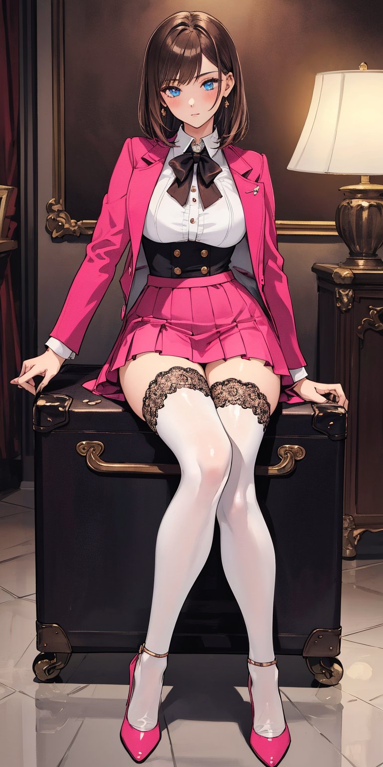 (((solo))), (((1 girl))), beautiful, masterpiece, best quality, extremely detailed face, perfect lighting, A mysterious woman, (((perfect anatomy))), (((right anatomy))), (((correct anatomy)))
white lace blouse, hot pink fit suit jacket, pink short skirts, blue eyes, brown waist long hair, hime cut hairstyle, see through stockings, sit on coach, high heels
lobby of hotel, suit cases, full body