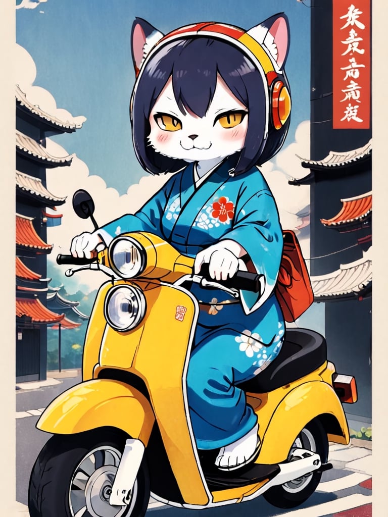 masterpiece, best quality, high Resolution, chibi style, cute illustration, full shot
1girl, kimono, blue hair, long hair, yellow eyes, smiling
kimono girl riding honda super cub c50, super cub c50, wear half helmet, wear goggles
street, city, morning, hair flying, torii, cute bag, stikers on super cub c50, stikers on helmet, ukiyo-e background, ani_booster, kuchiki rukia, looking_at_viewer, aesthetic, red ink stamp,furry