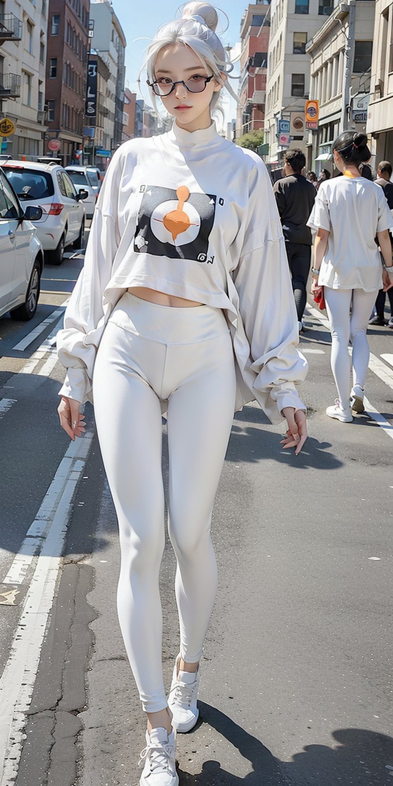 1 girl, lady, bright color, over size long shirt, (graphic_oversize_tshirt:1.2),  (white_leggings:1.5), converse sneakers, rainbow sun glasses, full body, hair bun, walking on crossing, NYC street