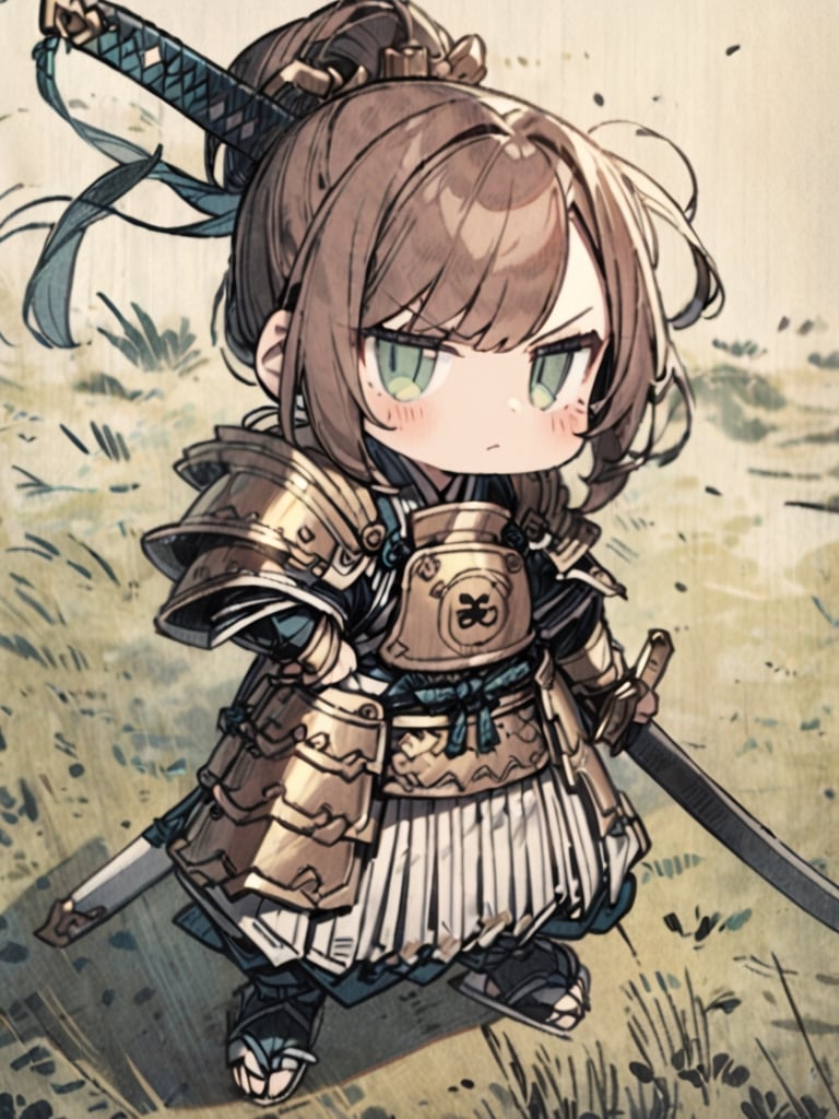 masterpiece, best quality, high Resolution, chibi style
1girl, yellow japanese armour, japanese sworld, katana, Jūmonji yari , [brown hair/green hari], green eyes, serious
Right hand holding Jūmonji yari , left hand on hip, shoulder-width standing, 
field, morning, windy, hair flying, cute knight, warrior,Ukiyo-e